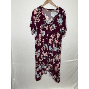 Torrid Women Size 3 Burgundy Floral Button Up Sharkbite Hem Challis Shirt Dress